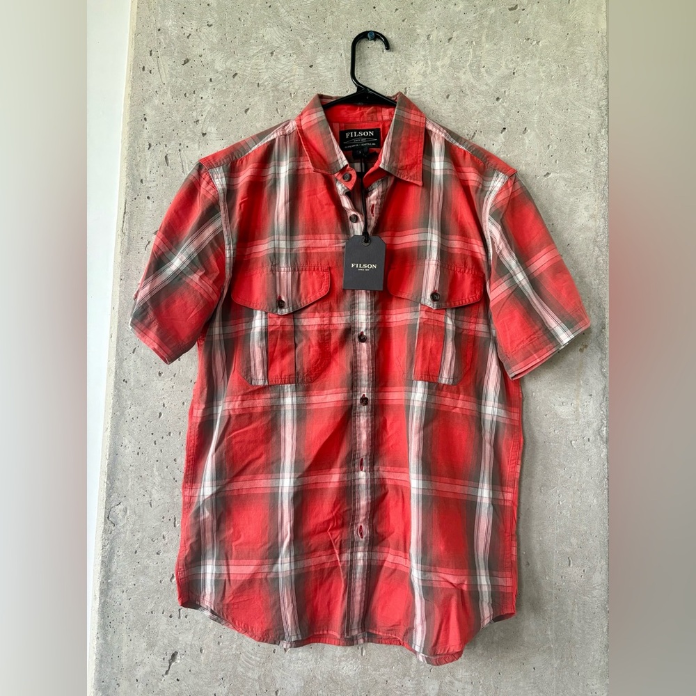 Filson Feather Cloth Short Sleeve Shirt Red Orange Plaid Size S NWT